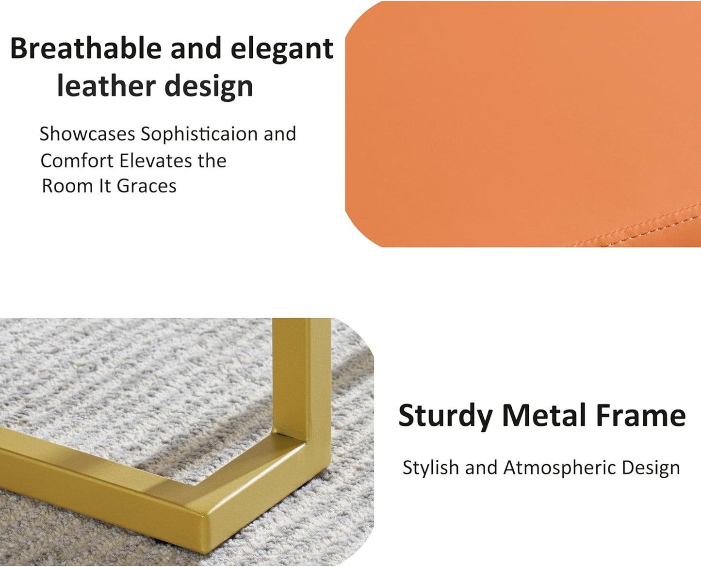 Modern Style Bedroom Single Seat Bench, Cushioned Bed end Stool, Living Room Sofa Stool, Footstool with Golden Iron Legs, Suitable for Bedroom and Living Room (Orange, 21.65"x15.74"X16.53")