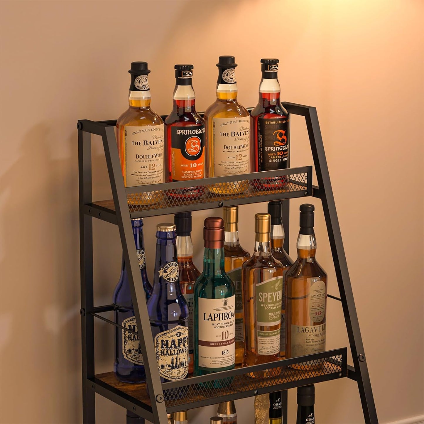 3-Tier Trapezoid Liquor Stand for Home Bar, Stepped Wine Rack Freestanding Floor for Liquor Whiskey Wine, Versatile Corner Wine Bottle Display Stand with Fences, Vintage Brown（Patent Pending）