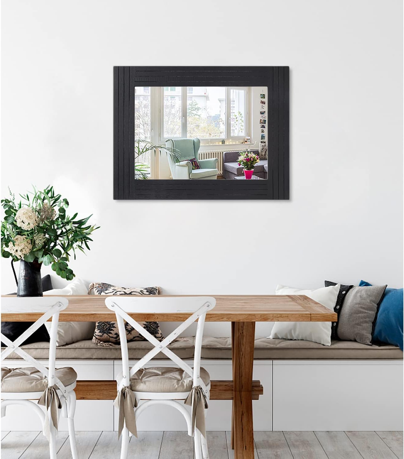 Black Vintage Rustic Wood Framed Wall Mirror Farmhouse Rectanglular Antique Decor Hanging Mirror for Bathroom Bedroom Living Room Entryway Large 20"x16"