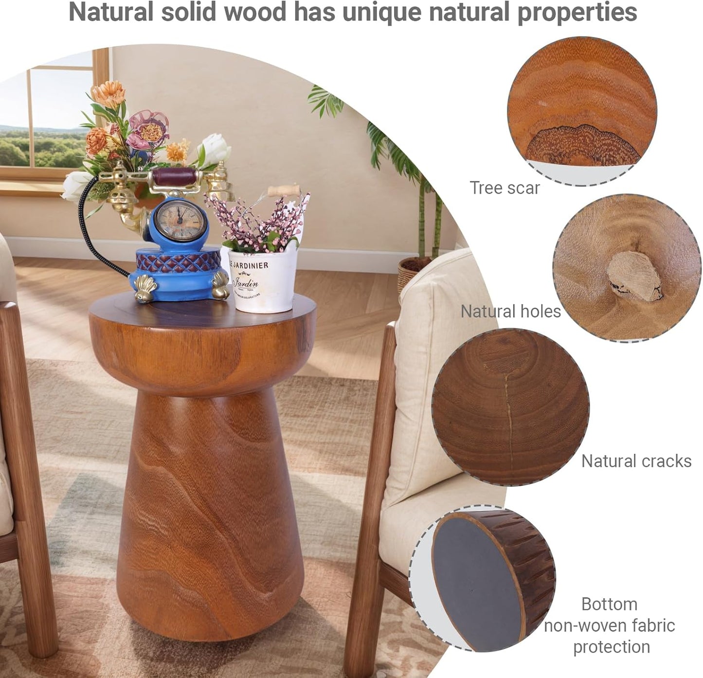 Athaliah Small Rustic Wooden Side Table – 15.75″H Tree Stump Accent Table, Handcrafted Solid Paulownia Wood, Natural Grain Farmhouse Decor for Living Room & Bedroom