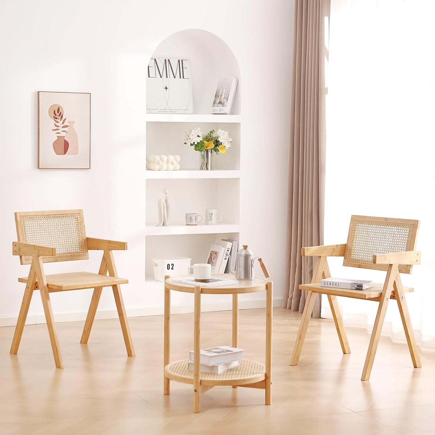 Tiita Rattan Accent Chairs, Mid Century Modern Dining Chairs Set of 2, Bamboo Living Room Chair for Reading Room Dining Kitchen, Wood