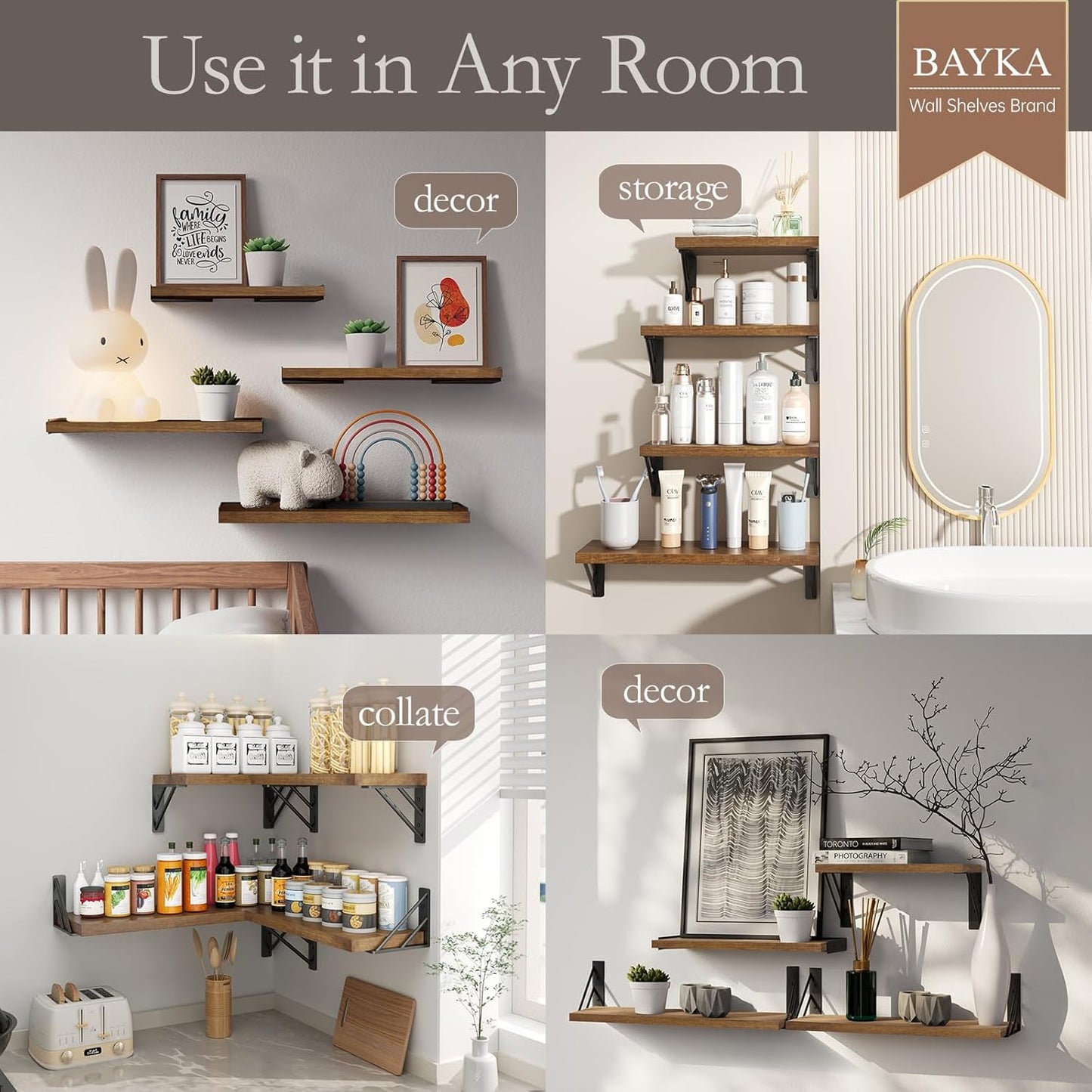 BAYKA Floating Shelves for Wall, Book Shelf for Bedroom, Decor Shelves for Living Room Kitchen, Mounted Wood Floating Shelf for Home Decor, Corner Shelf for Bathroom, Office(Walnut-Toned,Set of 4)