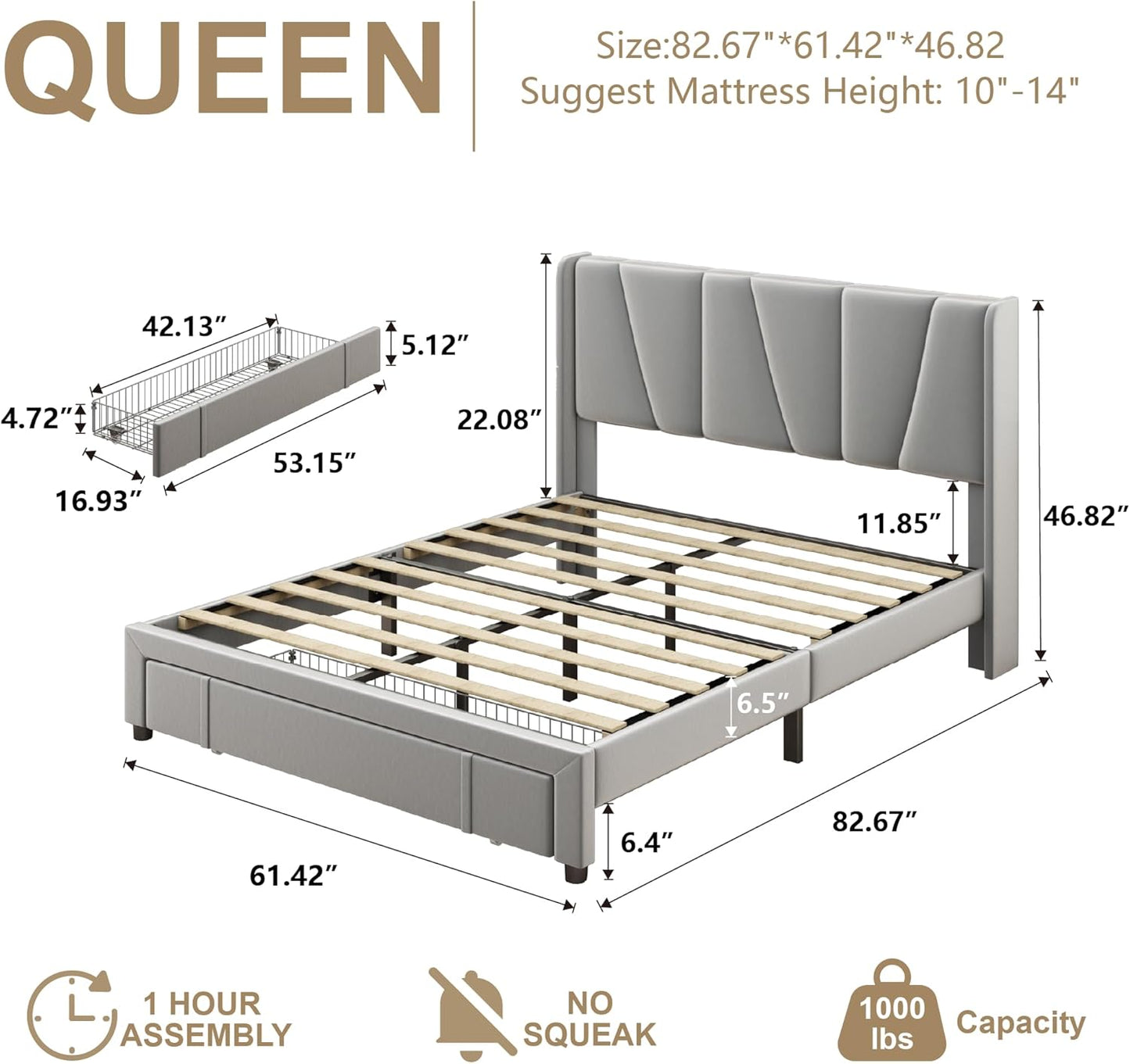 Queen Bed Frame with Storage Drawers, Upholstered Platform Bed with Headboard and Wingboard, No Box Spring Needed, Noise Free, Easy Assembly, Wooden Support Slats, Light Grey