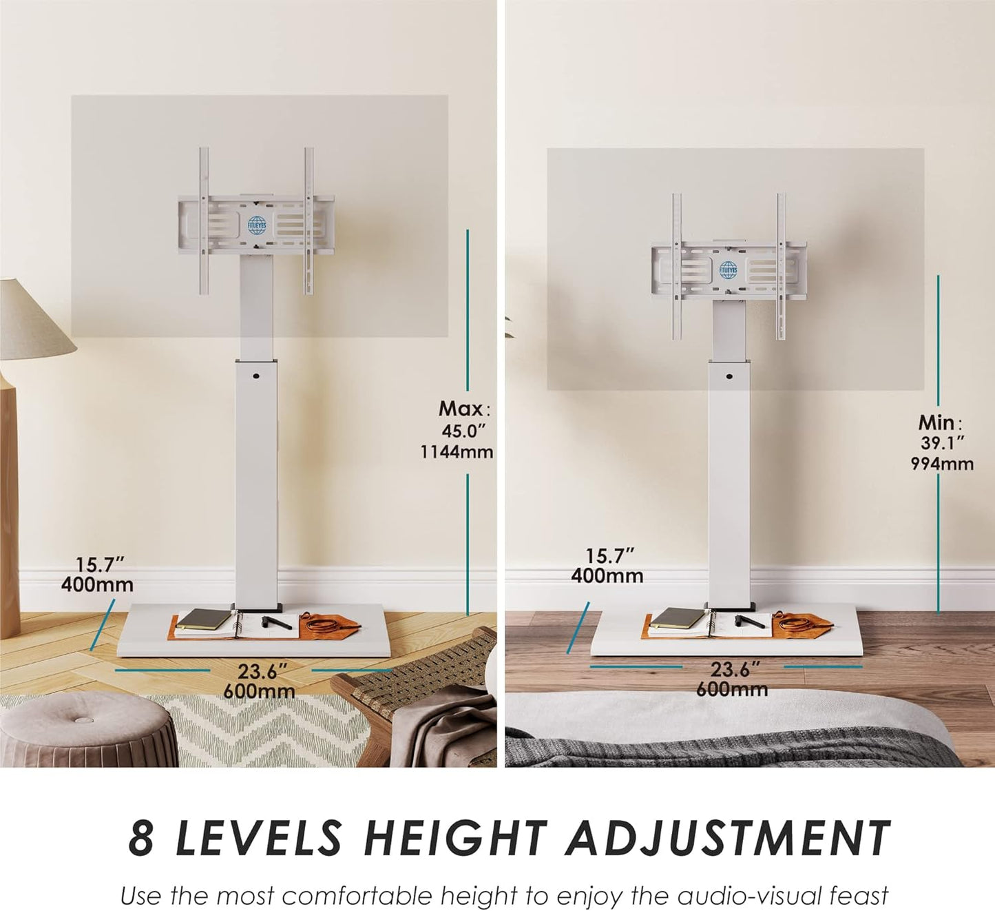 FITUEYES Iron Base Floor TV Stand with 60 Degree Swivel Universal Stand for 32-65 inch TVs up to 88lbs with Height Adjustable Mount and Wire Management