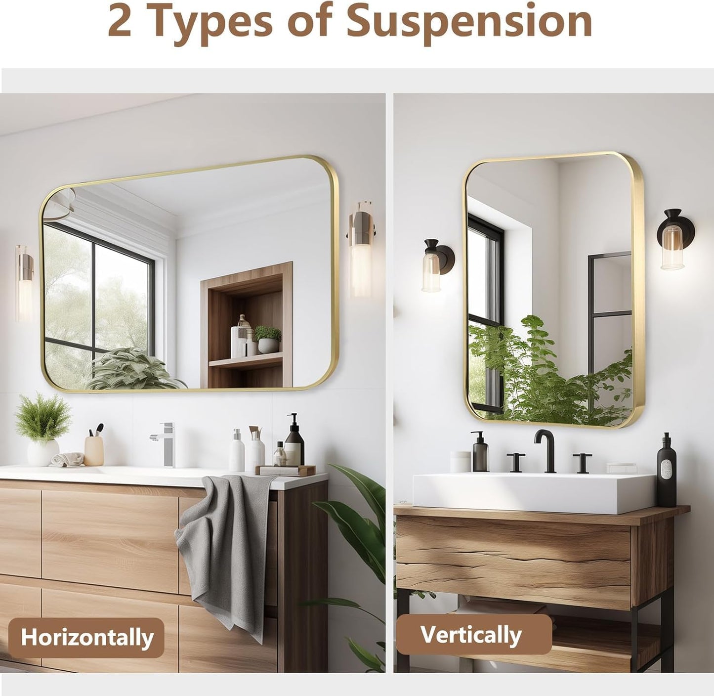 48x30 Inch Gold Bathroom Mirror, Brushed Gold Metal Framed Rectangular Mirror with Rounded Corner, Bathroom Vanity Mirror for Bedroom or Living Room, Horizontal/Vertical