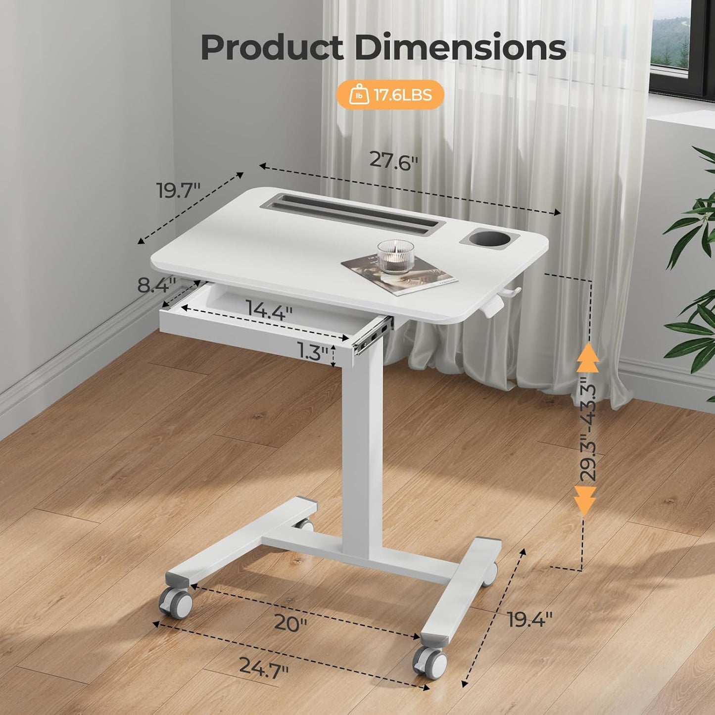 Mobile Standing Desk with Drawer, 28" Rolling Desk with Cup Holder and Hooks, Portable Laptop Cart on Wheels, Height Adjustable Workstation with Storage for Home Office, White