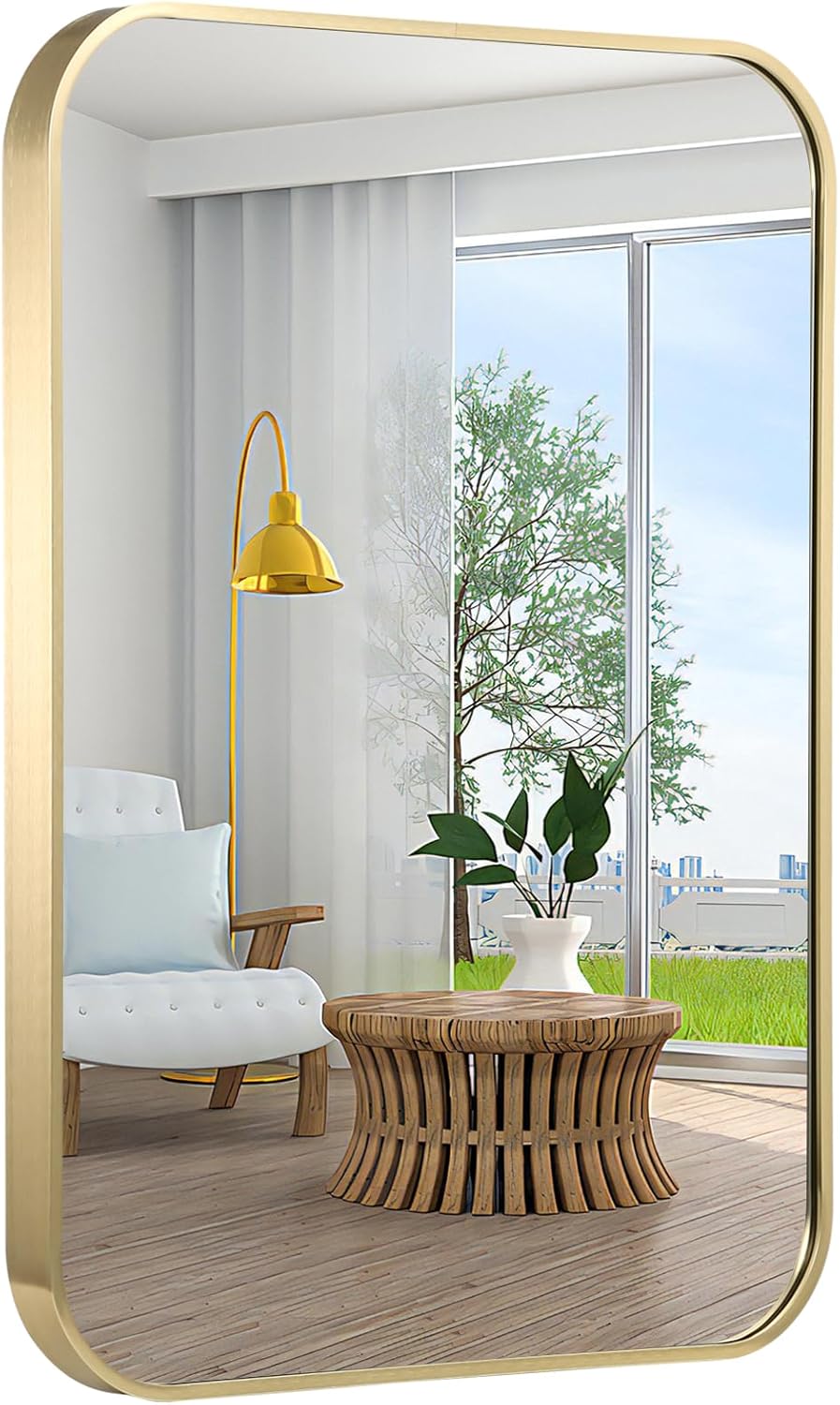 22x30 Inch Bathroom Mirror for Wall,Gold Framed Rectangle Mirror with Rounded Corner,Aluminum Alloy Framed Brushed Wall Mirror for Bedroom or Living Room,Vertical or Horizontal