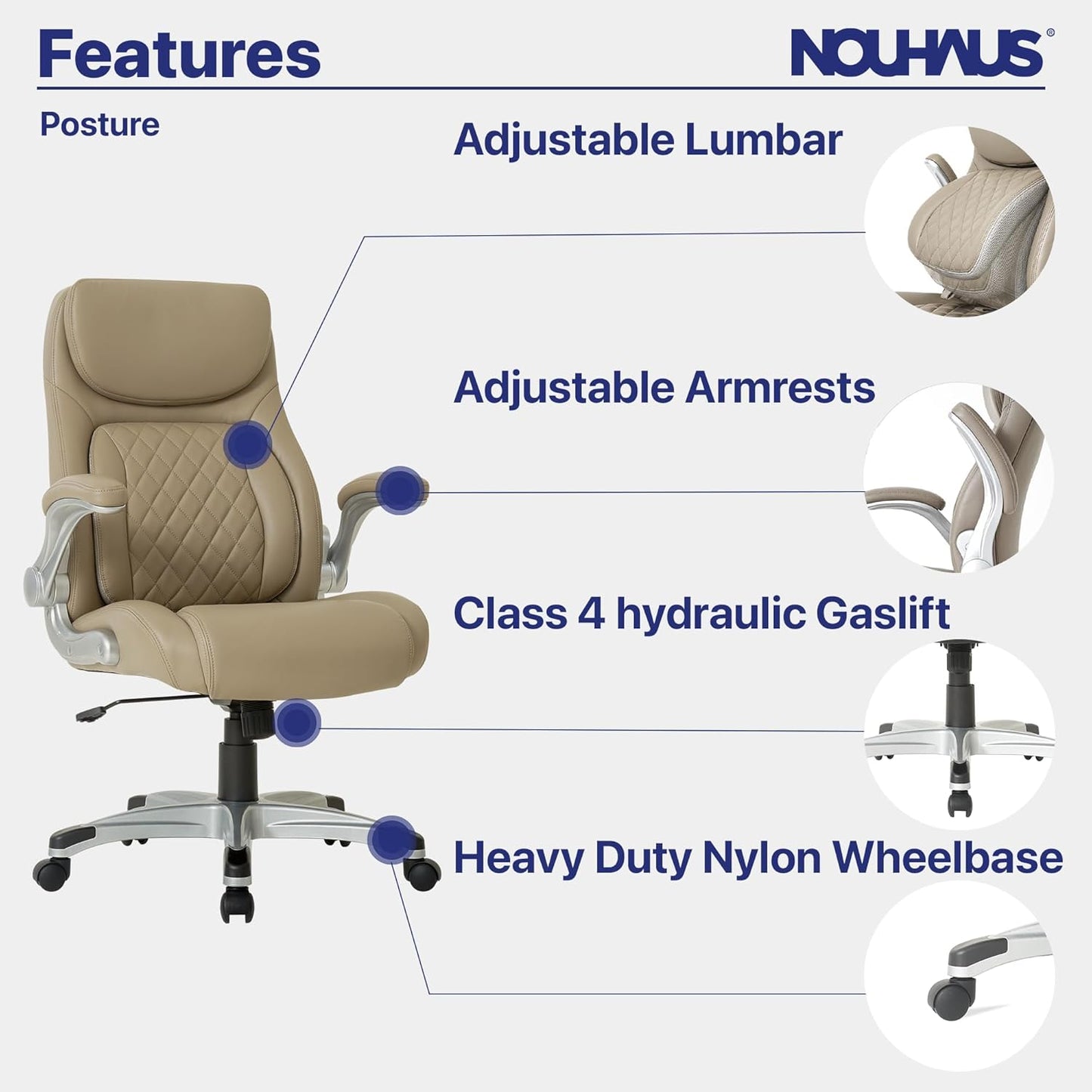 Nouhaus +Posture Ergonomic PU Leather Office Chair. Click5 Lumbar Support with FlipAdjust Armrests. Modern Executive Chair and Computer Desk Chair (Taupe)