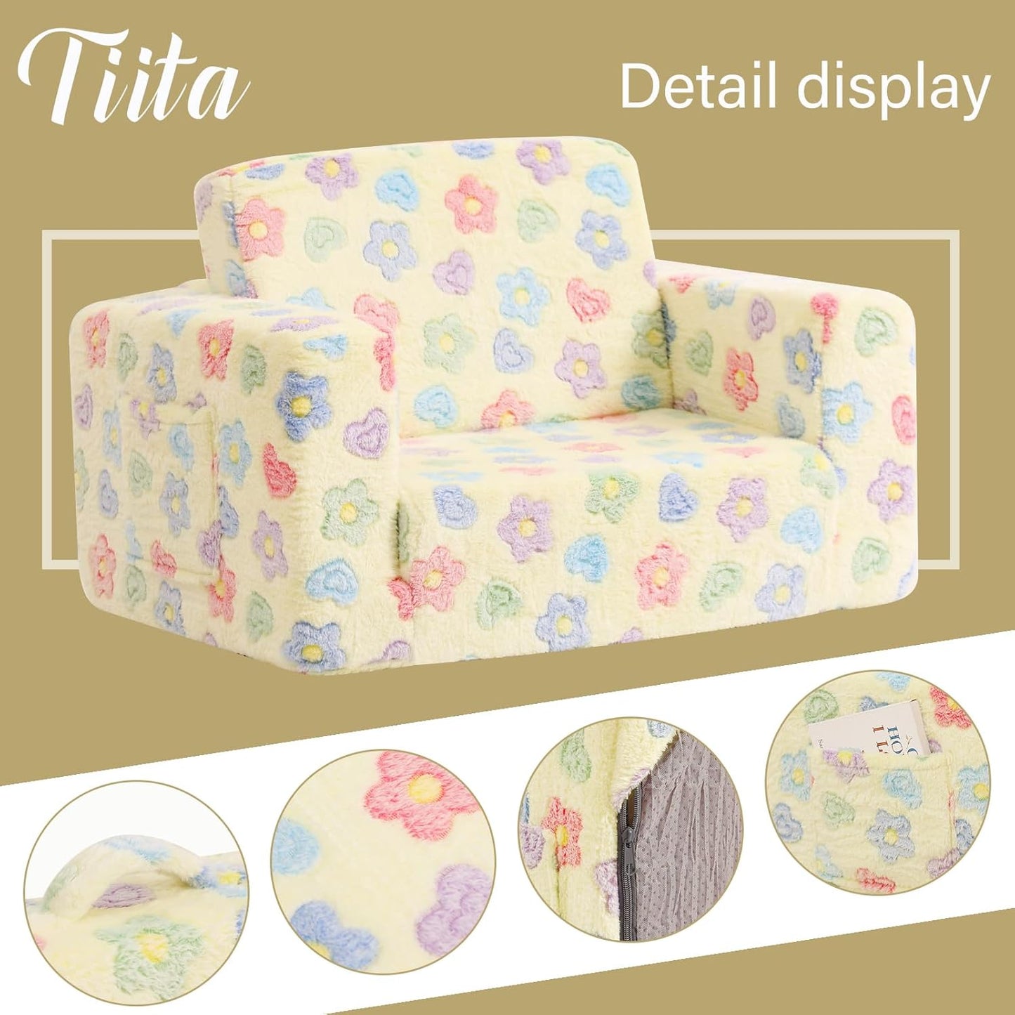 Tiita 2-in-1 Kids Sofa, Convertible Children Couch to Lounger, Flip Out Kids Chair, Toddler Armrest Chair Bed, Folding Kid Play Sofa for Girl or Boy, Flower