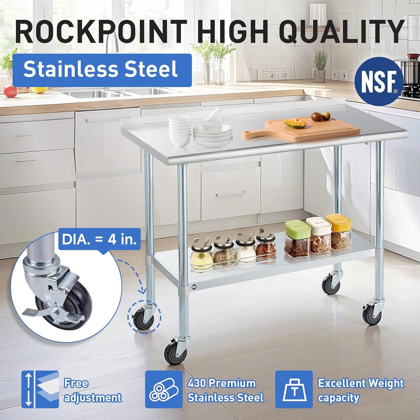 Stainless Steel Table for Prep & Work with Caster & Backsplash 24x48 Inches, NSF Metal Commercial Kitchen Heavy Duty Table with Adjustable Under Shelf and Table Foot for Restaurant, Home and Hotel
