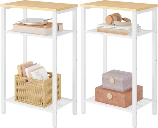 Hoctieon 2-Set 3 Tier End Table, Telephone Table Set of 2, Tall Side Table with Storage Set of 2, Small Nightstand for Small Spaces, Metal Frame, White and Yellow Oak