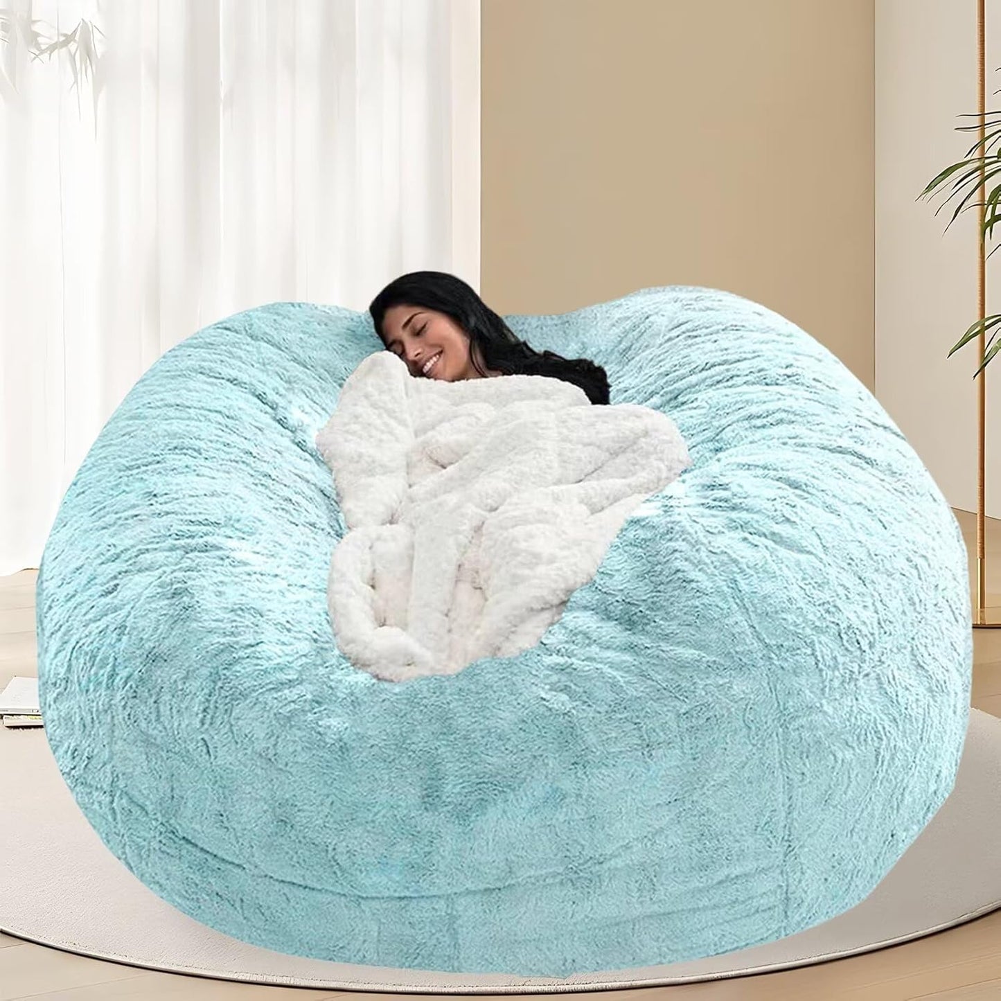 BCU Oversized Bean Bag Cover Comfy Beanbag Chair for Adults Without Filler Faux Fur Floor Chair Lazy Sofa Cover Comfy for Living Room Chairs, Lake Blue, 5FT