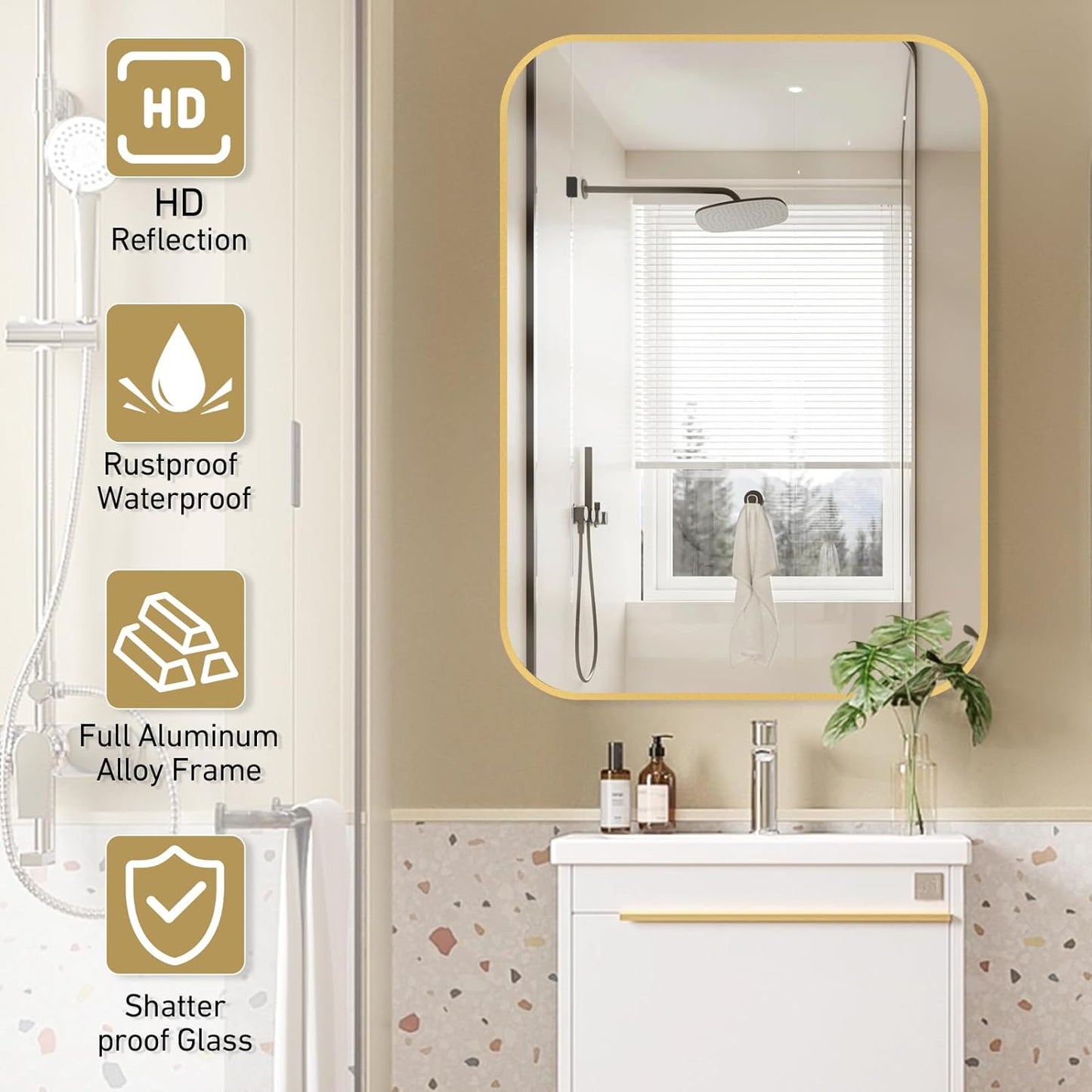 16x20 Inch Bathroom Mirror for Wall,Gold Framed Rectangle Mirror with Rounded Corner,Aluminum Alloy Framed Brushed Wall Mirror for Bedroom or Living Room,Vertical or Horizontal