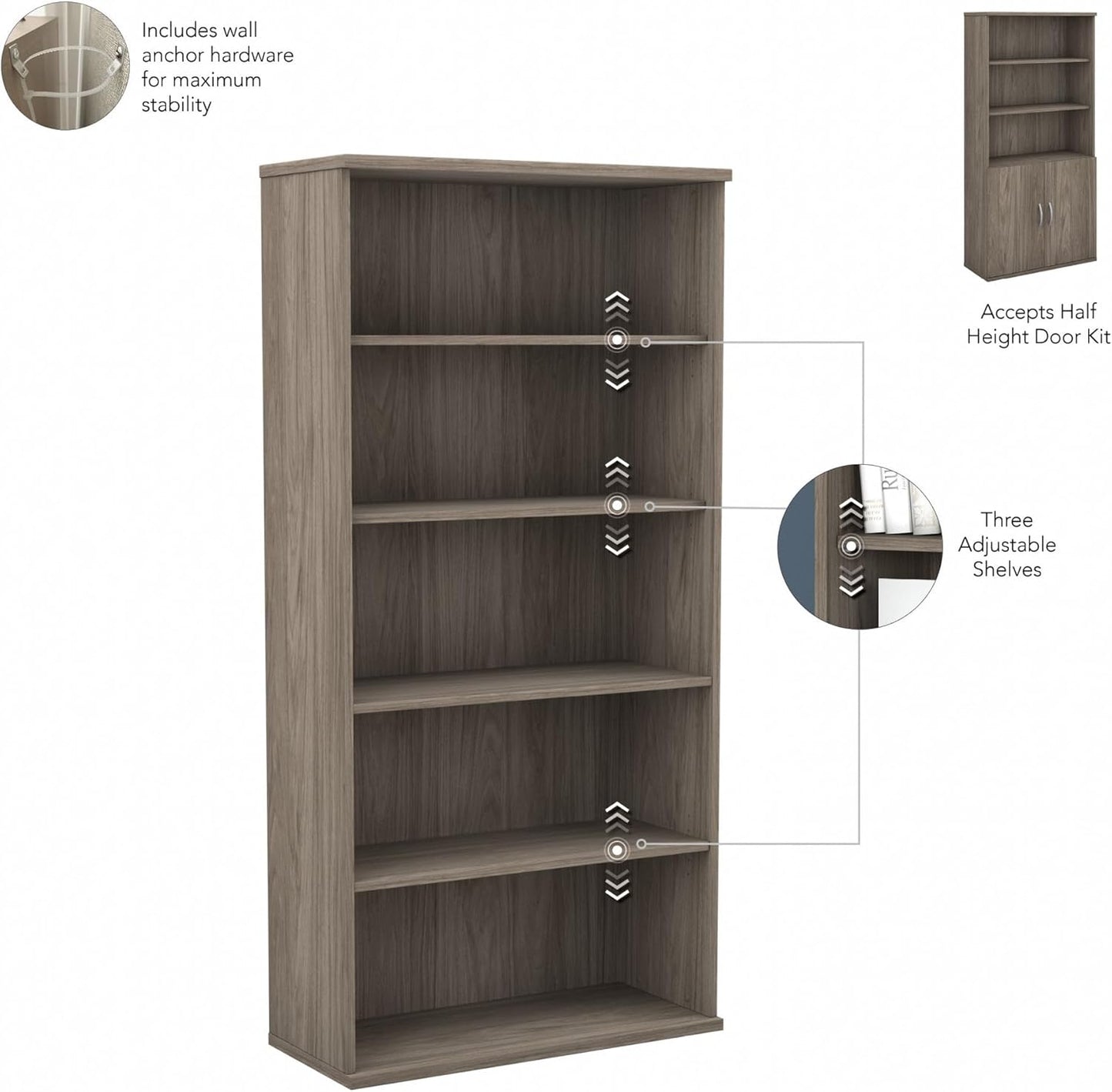 Bush Business Furniture Studio C 73" H 5-Shelf Bookcase with Adjustable Shelves, Modern Hickory Laminated Wood (SCB136MH)