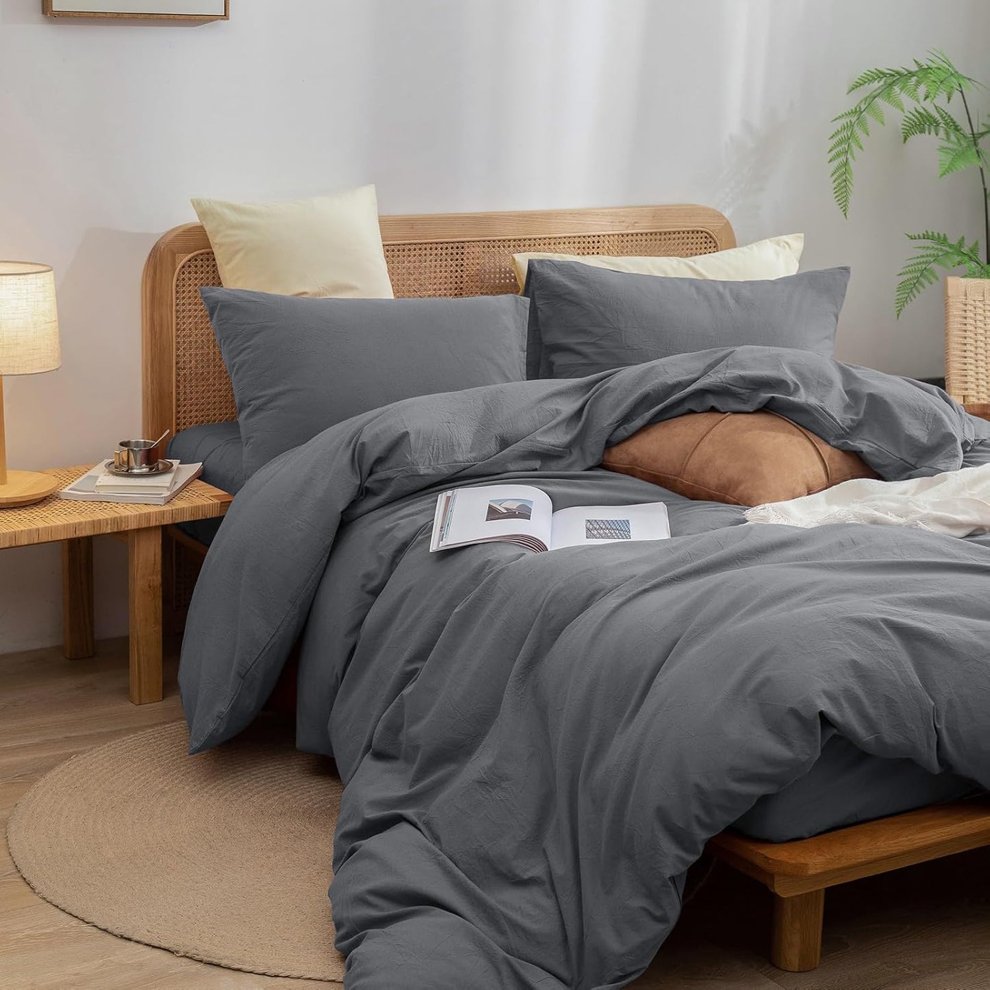 BESTOUCH Duvet Cover Set 100% Washed Cotton Linen Feel Super Soft Comfortable Chic Lightweight 3 PCs Home Bedding Set Solid Quiet Shade Grey Oversized King