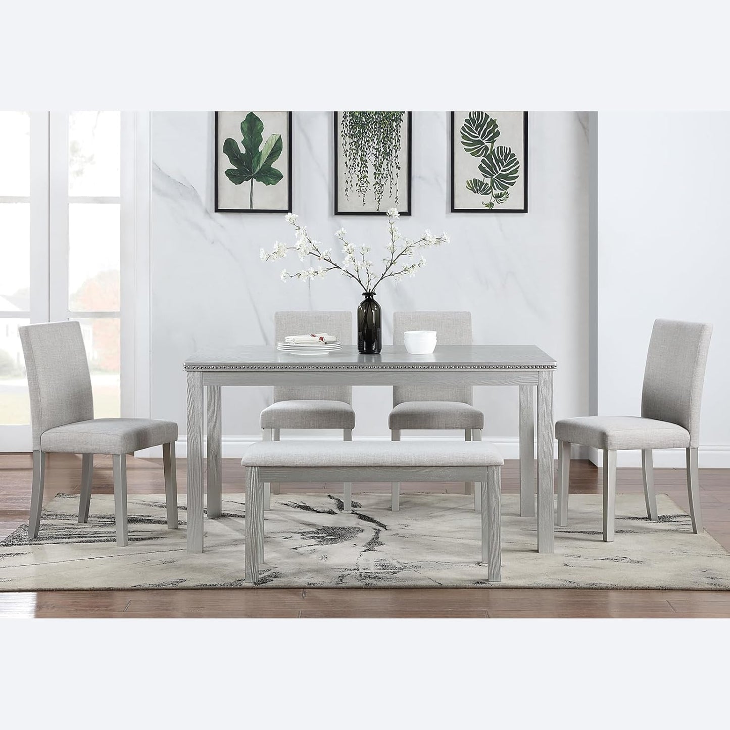 Ball & Cast 6 Piece Dining Table Set,Kitchen Table Set for 6 W/ 58.5" Rectangular Wooden Dining Table,Living Room Furniture W/ 4 Upholstered Chairs & 1 Bench,for Dining Room,Kitchen,Silver Grey