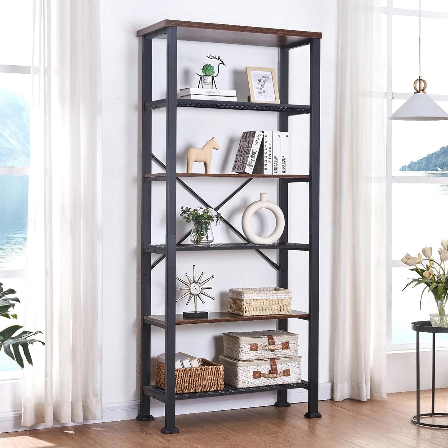 HOMBAZAAR 6 Tier Bookshelf,Rustic Brown Industrial Book Shelf,Engineered Wood and Metal Deep Bookcases,Tall Shelf Bookcase for Living Room,Office,Bedroom and Kitchen