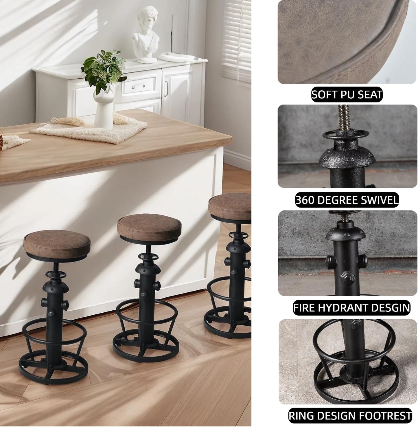 Industrial Bar Stools-Swivel Pu Seat-Vintage Kitchen Island Stool-Counter Bar Height Adjustable 25-31inch-Footrest