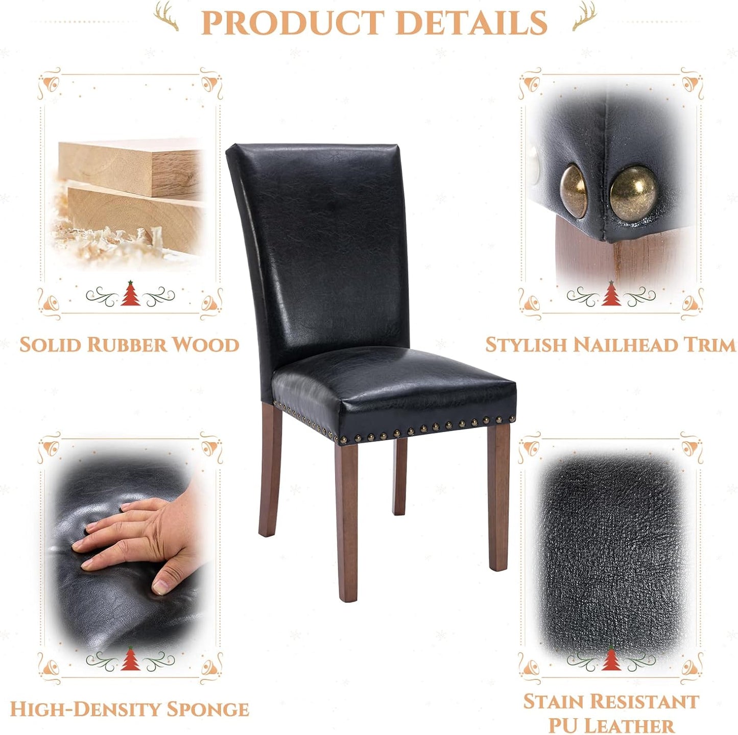 Parsons Dining Chairs Set of 4, Upholstered Nailhead PU Leather Dining Room Kitchen Side Chair with Thick Cushions and Wood Legs, Black