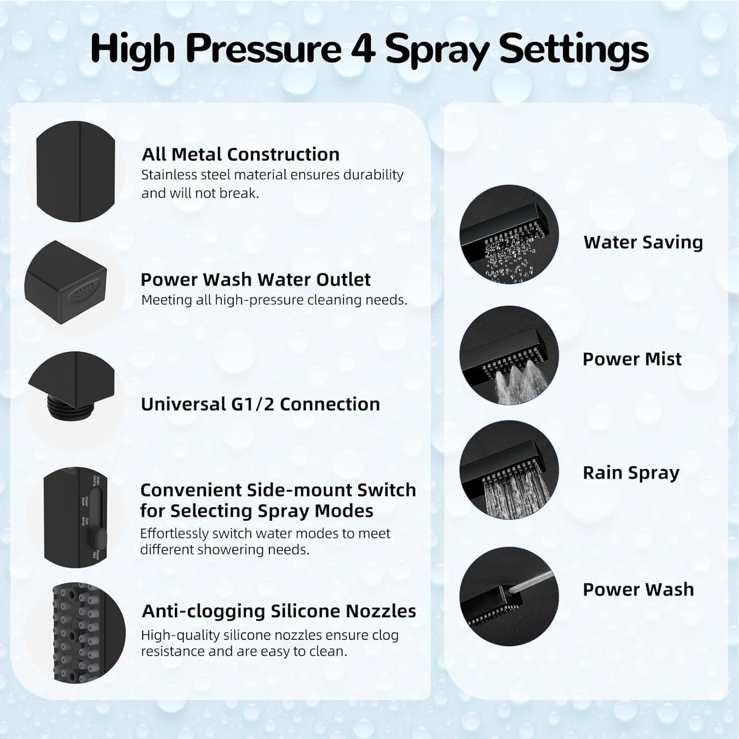 Hibbent All Metal 8'' Rainfall Shower Head, Square Shower Head Combo, High Pressure Handheld Shower Wand, 4 Sprays, 16'' Adjustable Arc-shaped Extension Arm, 71'' Hose, Showerhead Holder, Matte Black