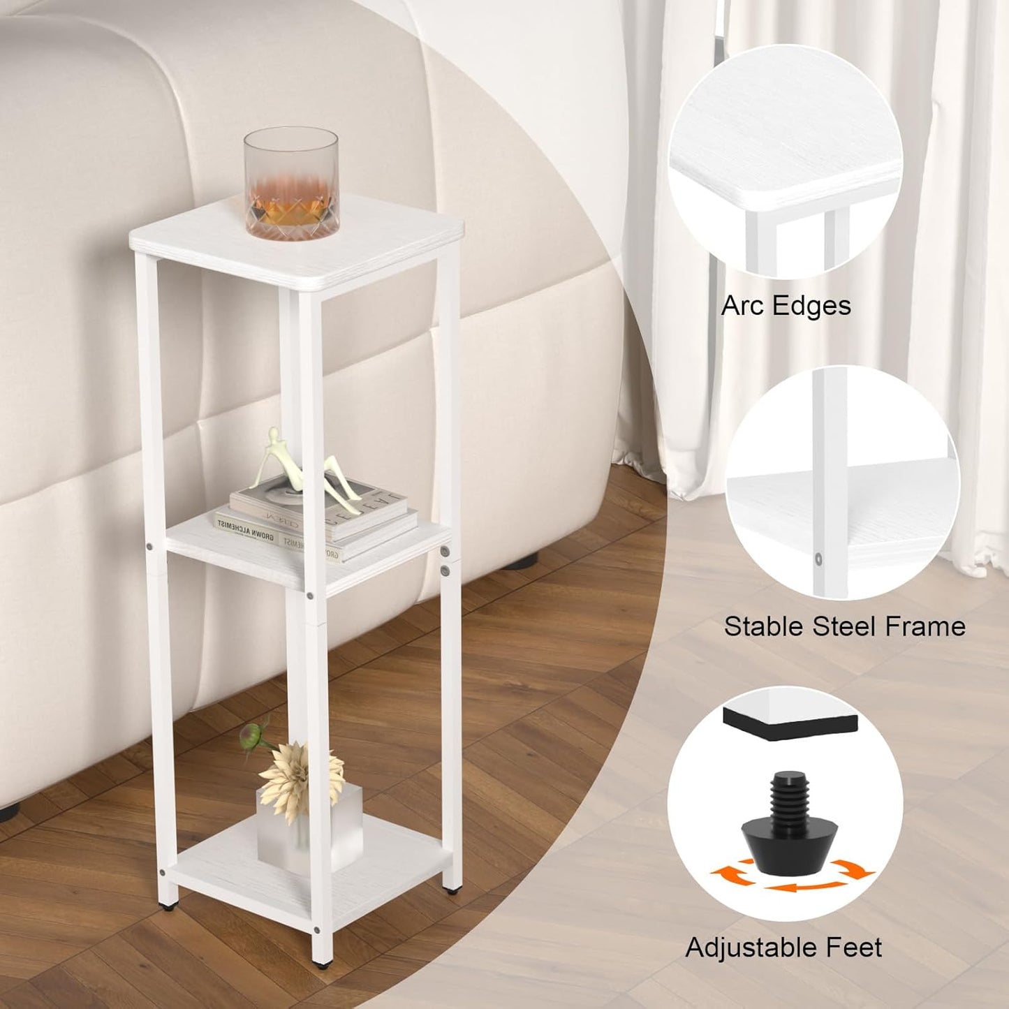 10" Wide Square Drink Table with Adjustable Feet - 3-Tier Small Side Table for Apartments, Balcony & Office | Space-Saving, Lightweight & Multi-Functional (Plants, Books, Drinks, White)