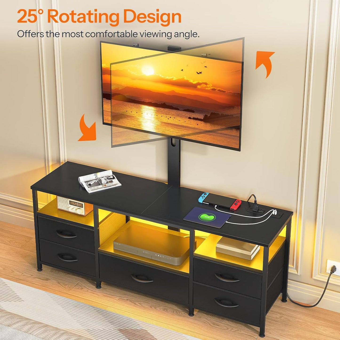 HOOBRO TV Stand with Mount and Power Outlet, for 32/45/55/60/65 inch TVs, Swivel Led Entertainment Center with Drawers, Adjustable Media Console for Living Room, Bedroom, Black BB130UDDS01