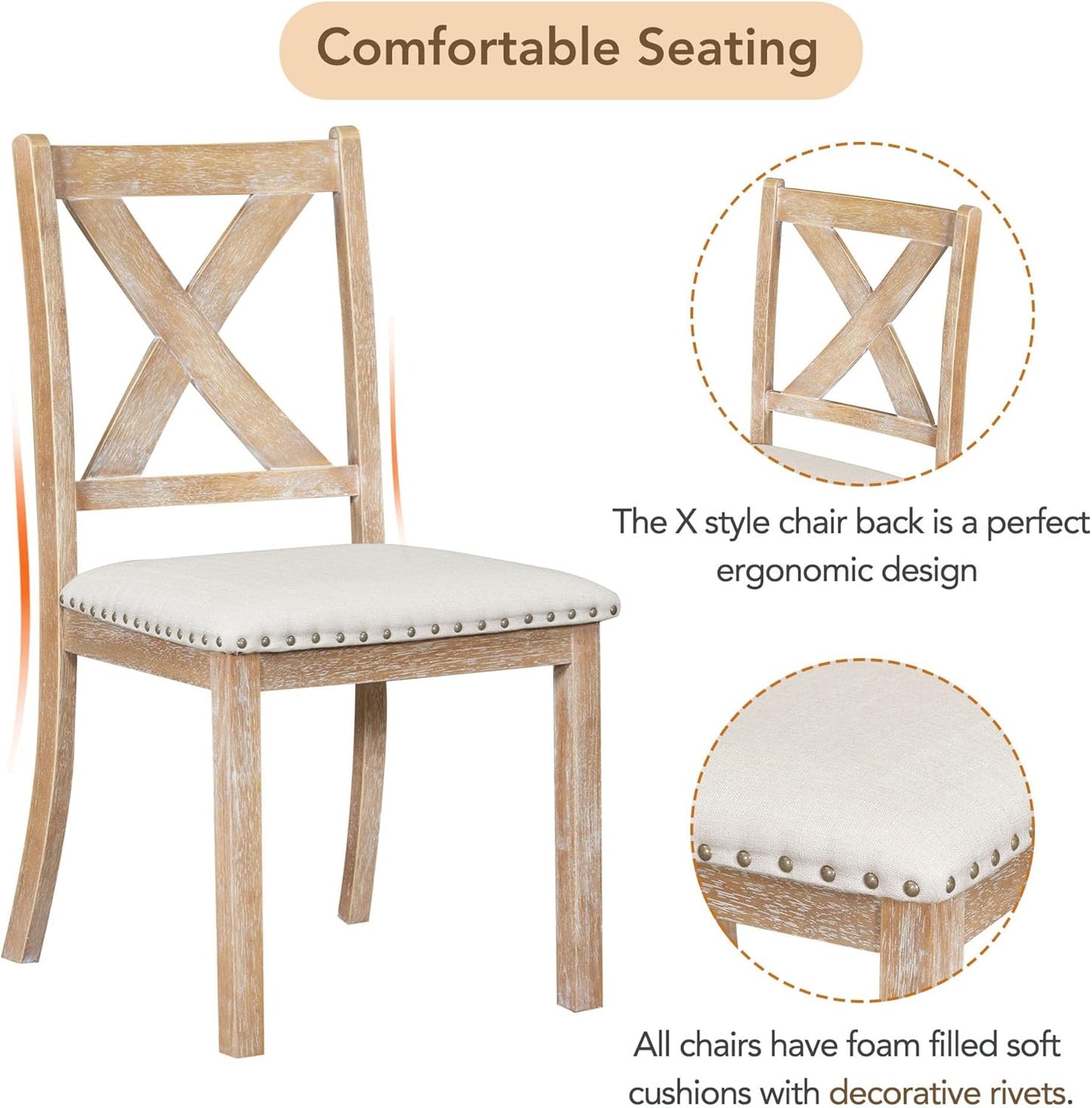 Ball & Cast Farmhouse 6 Piece Extendable Dining Table with Footrest,Living Room Furniture w/ 4 Upholstered Dining Chairs & Dining Bench,2 11" Removable Leaf,for Dining Room & Kitchen,Natural+Beige