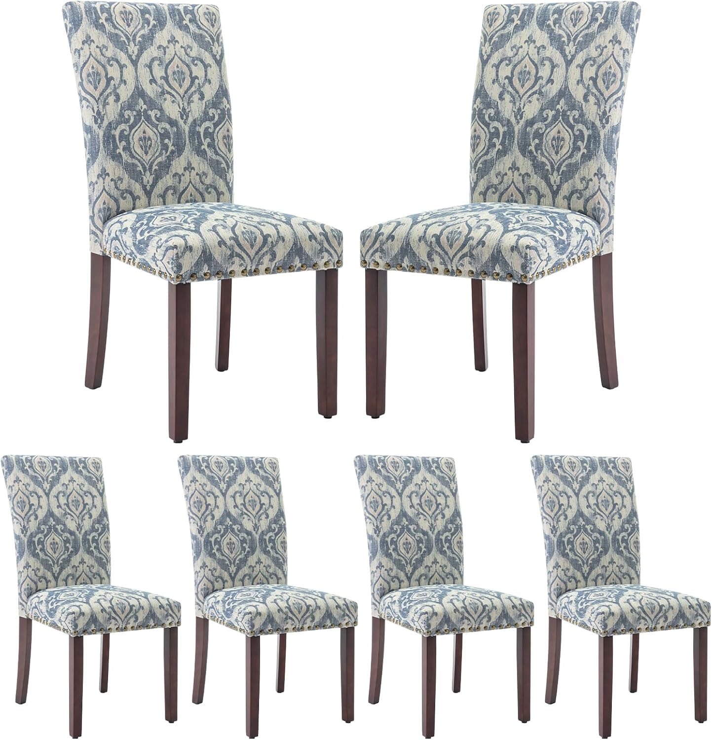 COLAMY Upholstered Parsons Dining Chairs Set of 6, Fabric Dining Room Kitchen Side Chair with Nailhead Trim and Wood Legs - Blue/White Flower