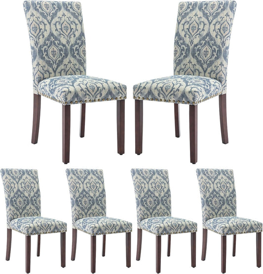 COLAMY Upholstered Parsons Dining Chairs Set of 6, Fabric Dining Room Kitchen Side Chair with Nailhead Trim and Wood Legs - Blue/White Flower