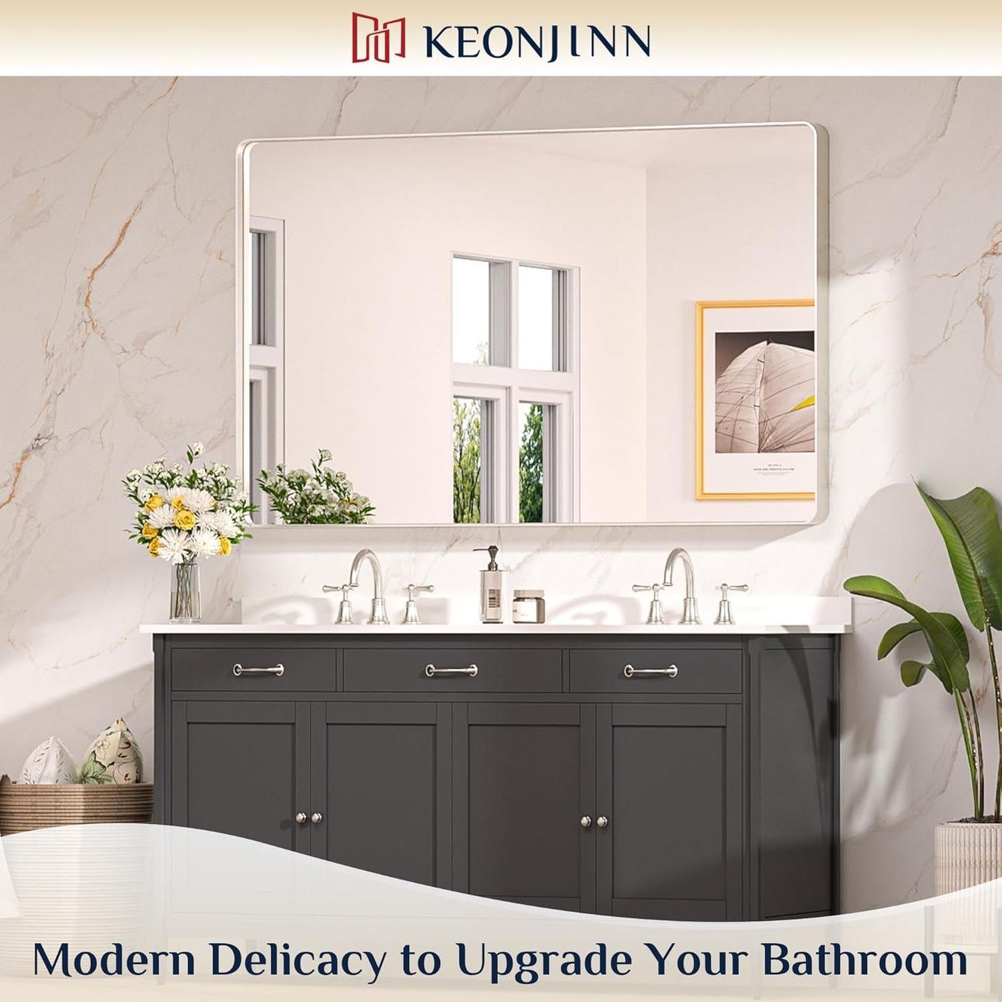 Keonjinn 55 x 36 Brushed Nickel Bathroom Mirrors for Over Sink, Large Rounded Rectangle Bathroom Vanity Mirror, Modern Decorative Silver Mirror, HD Tempered Glass Wall Mirror(Horizontal/Vertical)