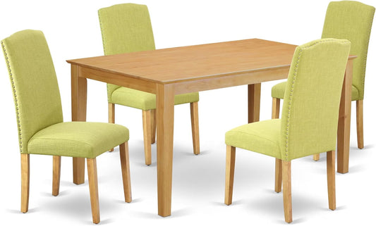 East West Furniture CAEN5-OAK-07 5 Piece Modern Dining Table Set Includes a Rectangle Wooden Table and 4 Limelight Linen Fabric Upholstered Parson Chairs, 36x60 Inch, Oak