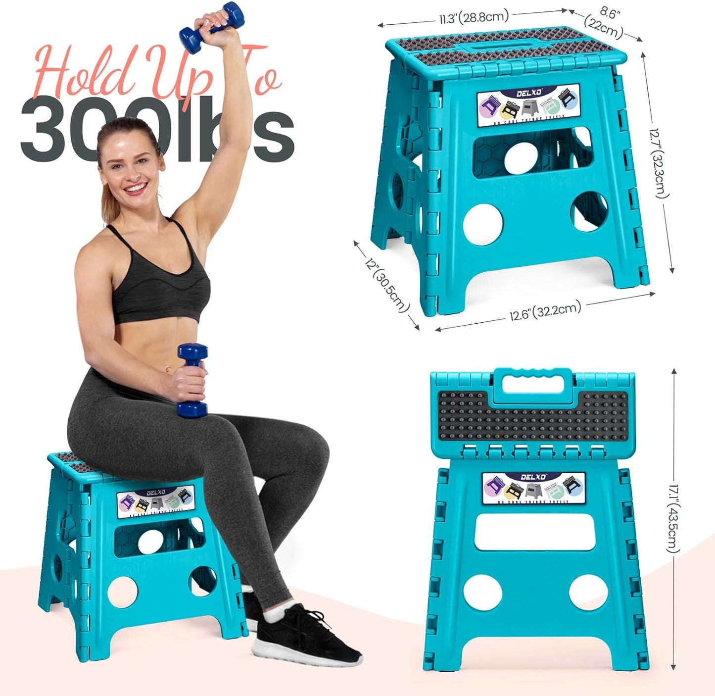 Delxo Folding Step Stool 13 Inch Non-Slip Foldable Stools Up to 300 LBS Kitchen Collapsible Fold Up Stepping Stool with Dotted 1 Pack Blue