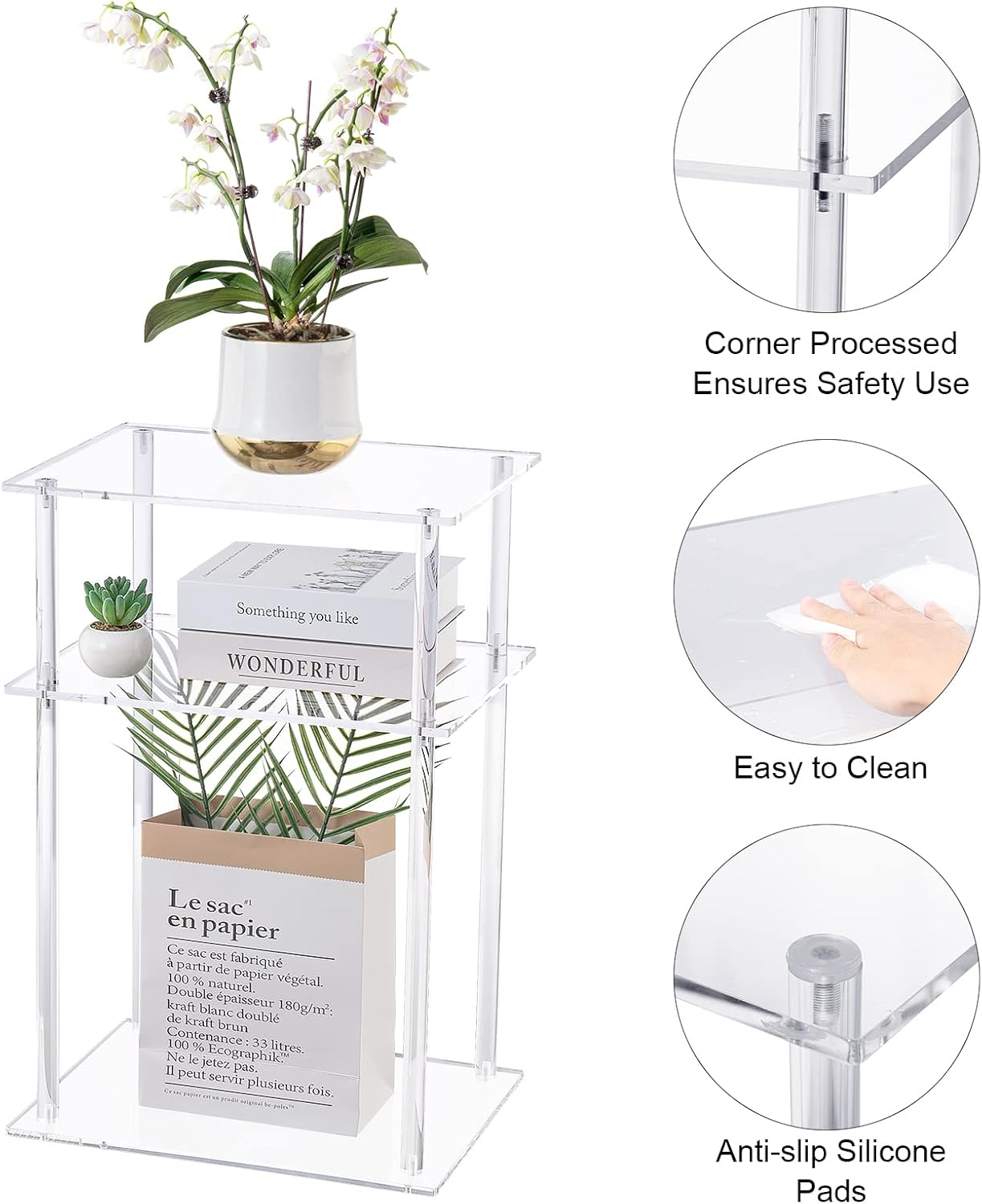 HMYHUM Clear Acrylic End Table, 3-Tier Side Table/Nightstand, 15.7" L x 11.8" W x 23.4" H