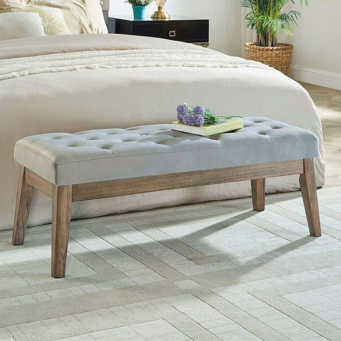 24KF Velvet Upholstered Buttons Tufted Entryway Bench with Solid Wood Leg,Bed Bench Ottoman with Padded Seat,5034-Gray