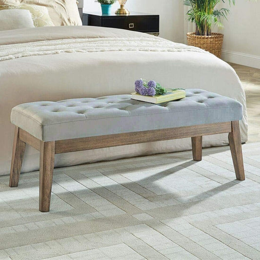 24KF Velvet Upholstered Buttons Tufted Entryway Bench with Solid Wood Leg,Bed Bench Ottoman with Padded Seat,5034-Gray