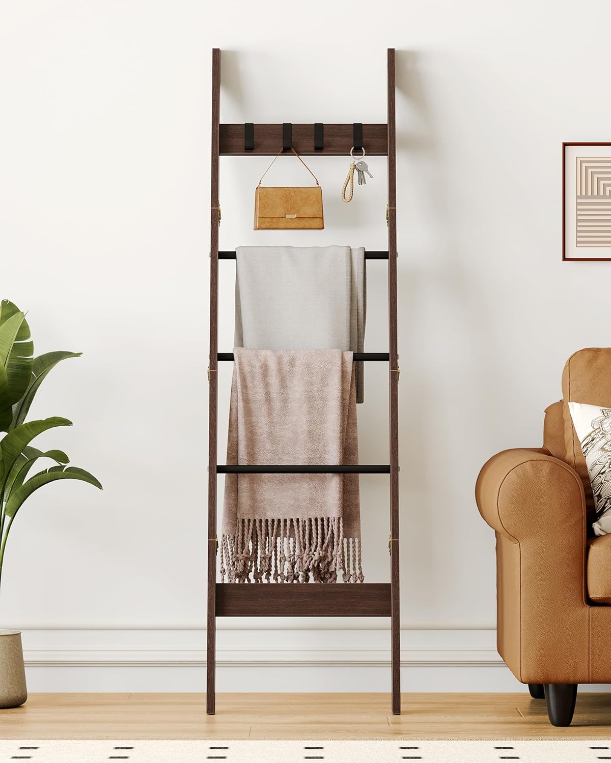Blanket Ladder for Living Room, Decorative Quilt Rack with 4 Removable Hooks, 5-Tier Farmhouse Ladder Holder Shelf Organizer for Bedroom, Black Tea Brown and Black BR02120B