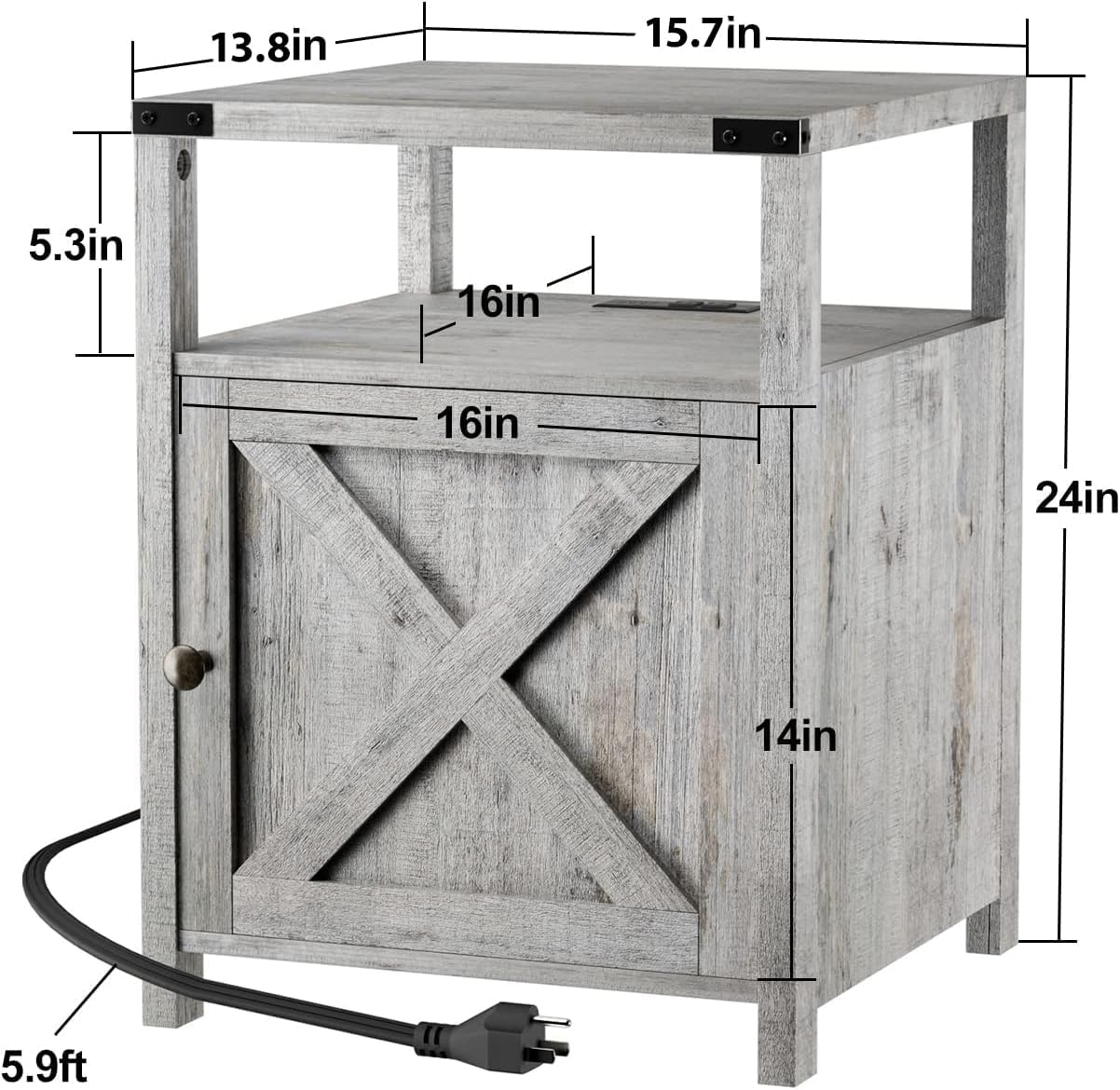 Farmhouse Nightstand Set of 2, Rustic End Table with Storage, Bedroom Night Stand, Industrial Bedside Table with USB Ports and Outlets, 17.7 x 17.7 x 23.6 inches, Grey