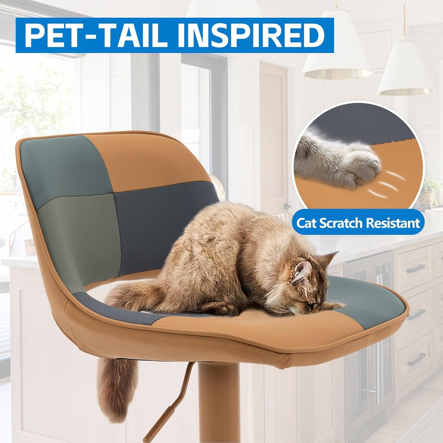 YOUNIKE Bar Stools Set of 2, Boho Colorful Patchwork Barstools, Adjustable Swivel Counter Height Bar Stool Faux Leather Upholstered Barstool with Back, Compact Bar Chair for Kitchen Island, TanGreen