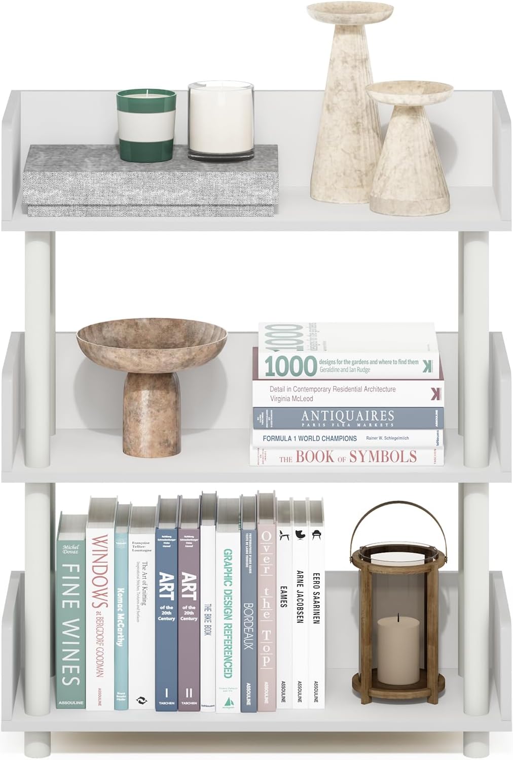 Furinno Turn-N-Tube 3-Tier Multipurposes Display Rack, Open Shelf Rack/Storage with Back & Side Panel, White/White