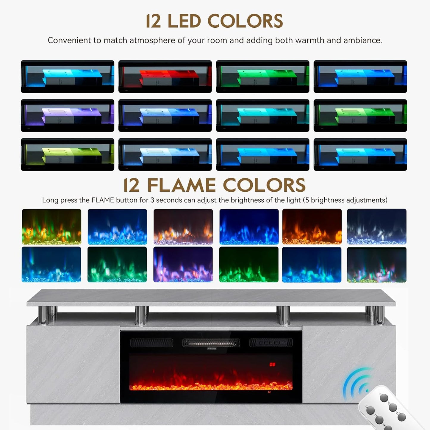 70" TV Stand for Living Room, Entertainment Center with Storage Cabinet, Fits TVs up to 80", Modern Media Console with Shelves, 36" Electric Fireplace (Grey+Black)