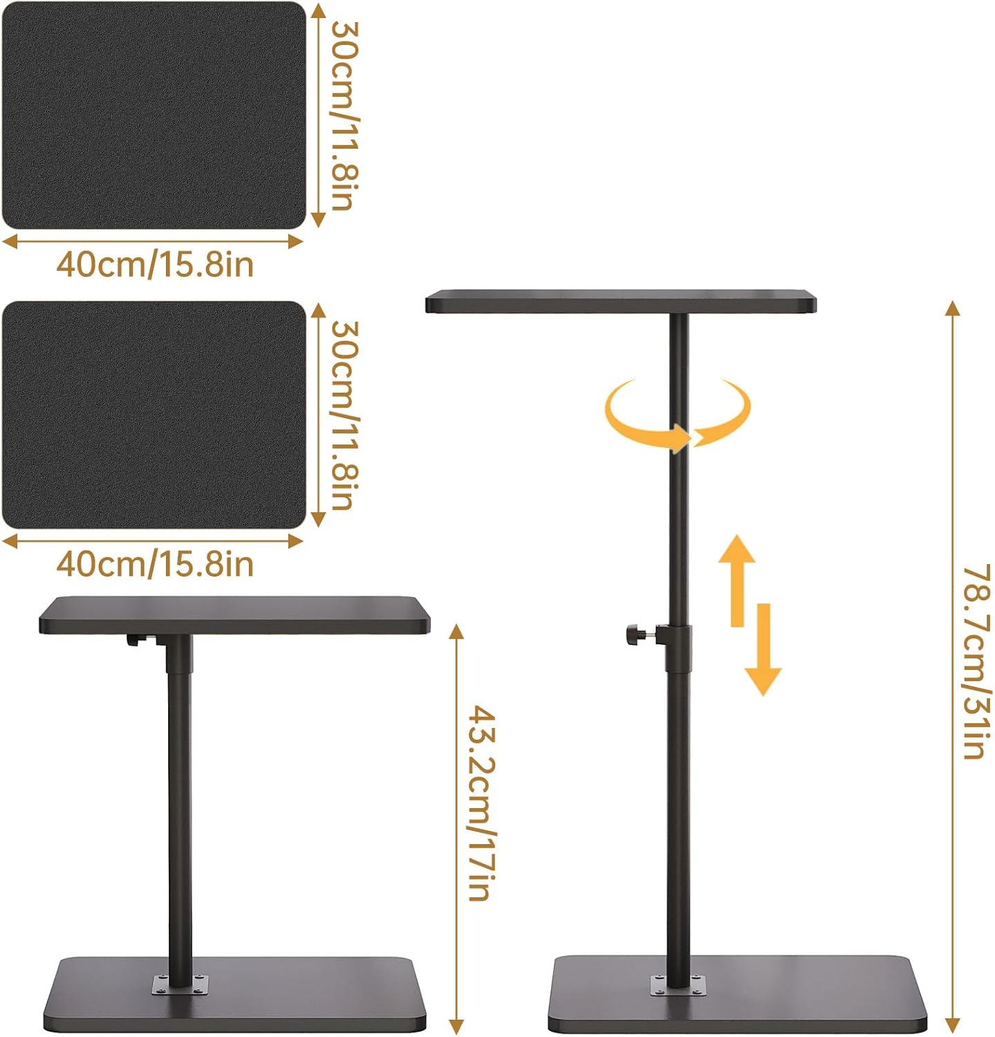 NiHome Minimalist Height Adjustable End Table, 360° Rotatable Sofa Armrest Side Tray Table, Adjustable Legs Space-Saving Couch Bedside TV Tray C-Shaped End Table Snack Table for Eating(Black)