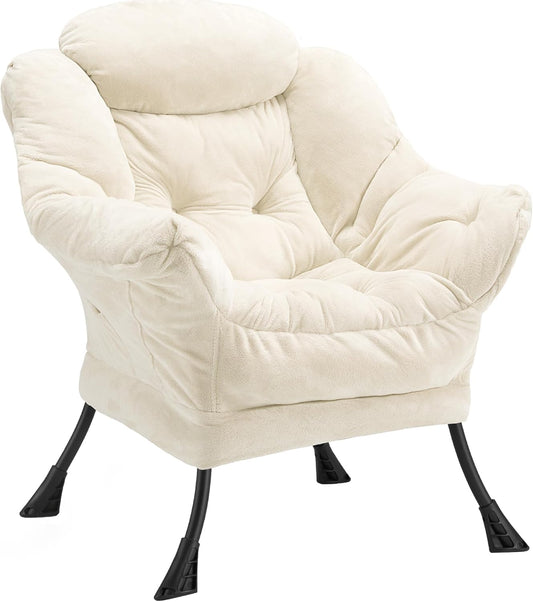 Fabric Lazy Chair for Adults, Oversized Upholstered Sofa Chair, Plush Comfy Lounge Chair with Large Side Storage Pocket, Thick Padded Reading Chair for Living Room, Bedroom, Study Room, Beige