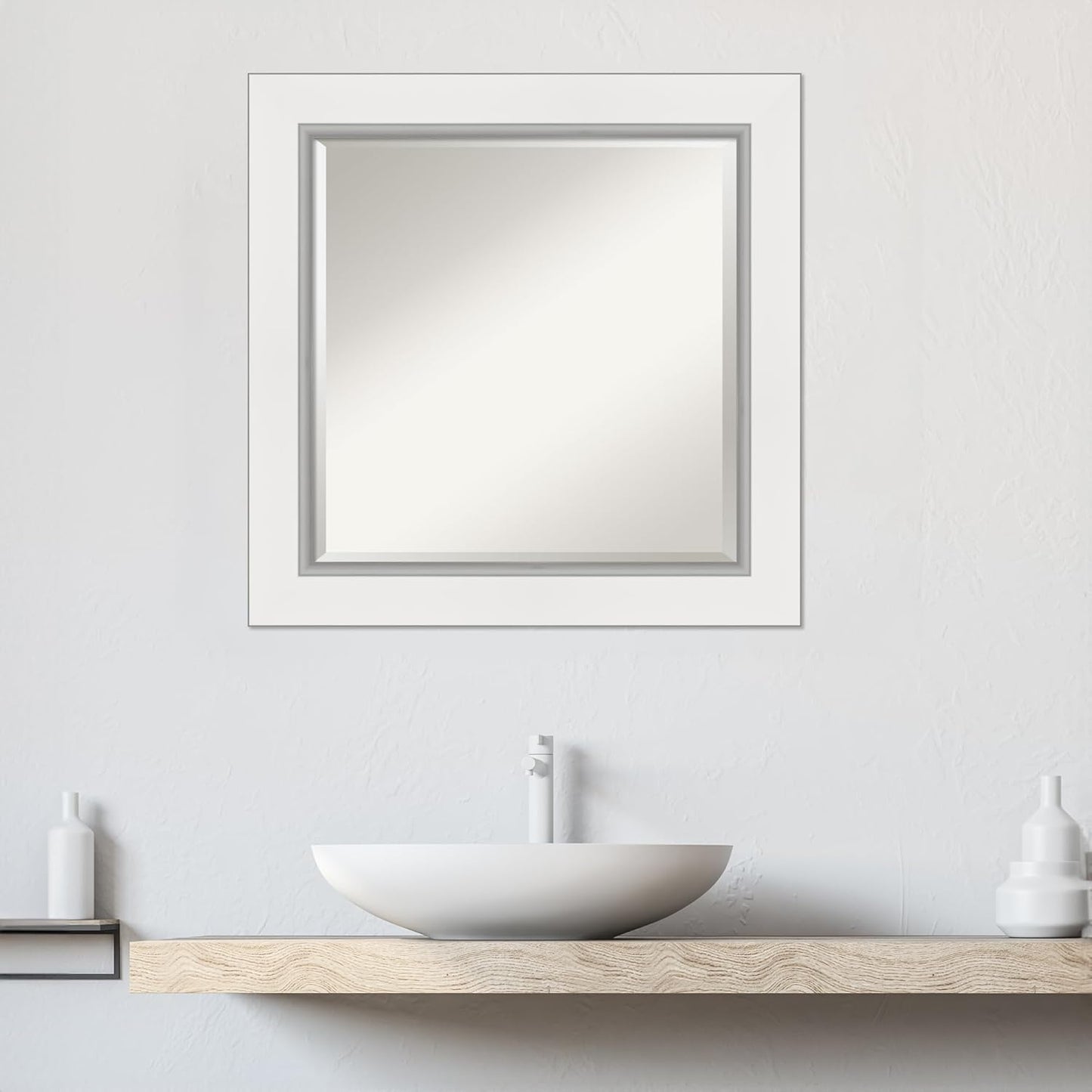 Amanti Art White Bathroom Mirror for Over Sink, 26x26 Eva White Silver Square Vanity Mirror, Medium Modern Frame, Hangs Horizonally and Vertically, Bathroom Wall Decor, Beveled Edge from WI, USA