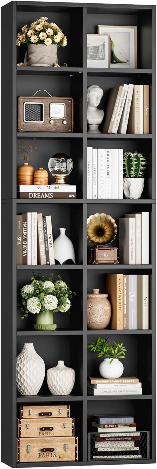 FOTOSOK 71'' Tall Bookshelf, Double Wide Media Tower Rack CD DVD Rack Display Cabinet with Adjustable Shelves, Tall Narrow Bookcase Black Bookshelf for Home Office, Black