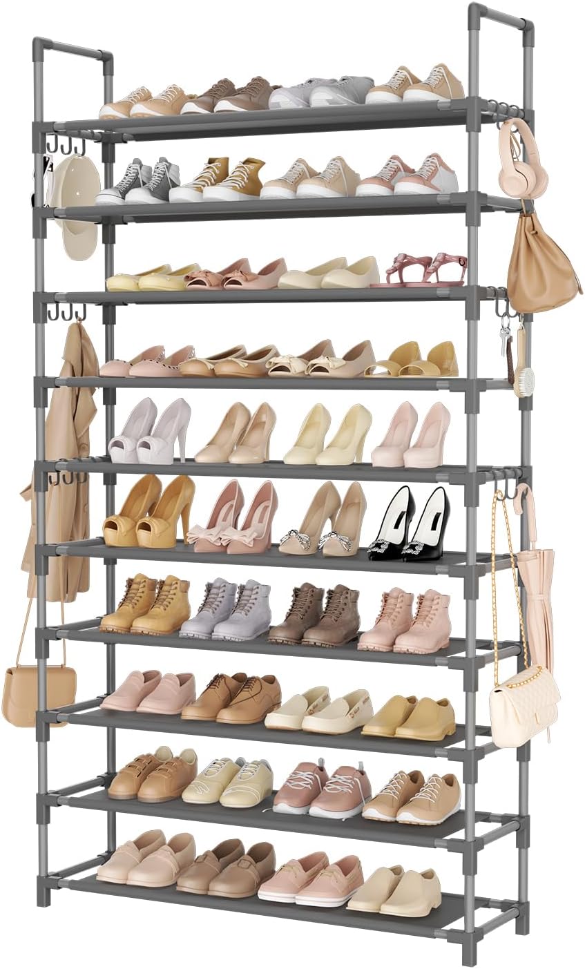 Tall Shoe Rack 10 Tier Shoe Organizer Large Shoe Shelf with 18 Hooks Storage for 50 Pair Sneaker and Boot, Stackable Vertical Shoe Rack Organizer for Closet, Entryway, Bedroom, Grey