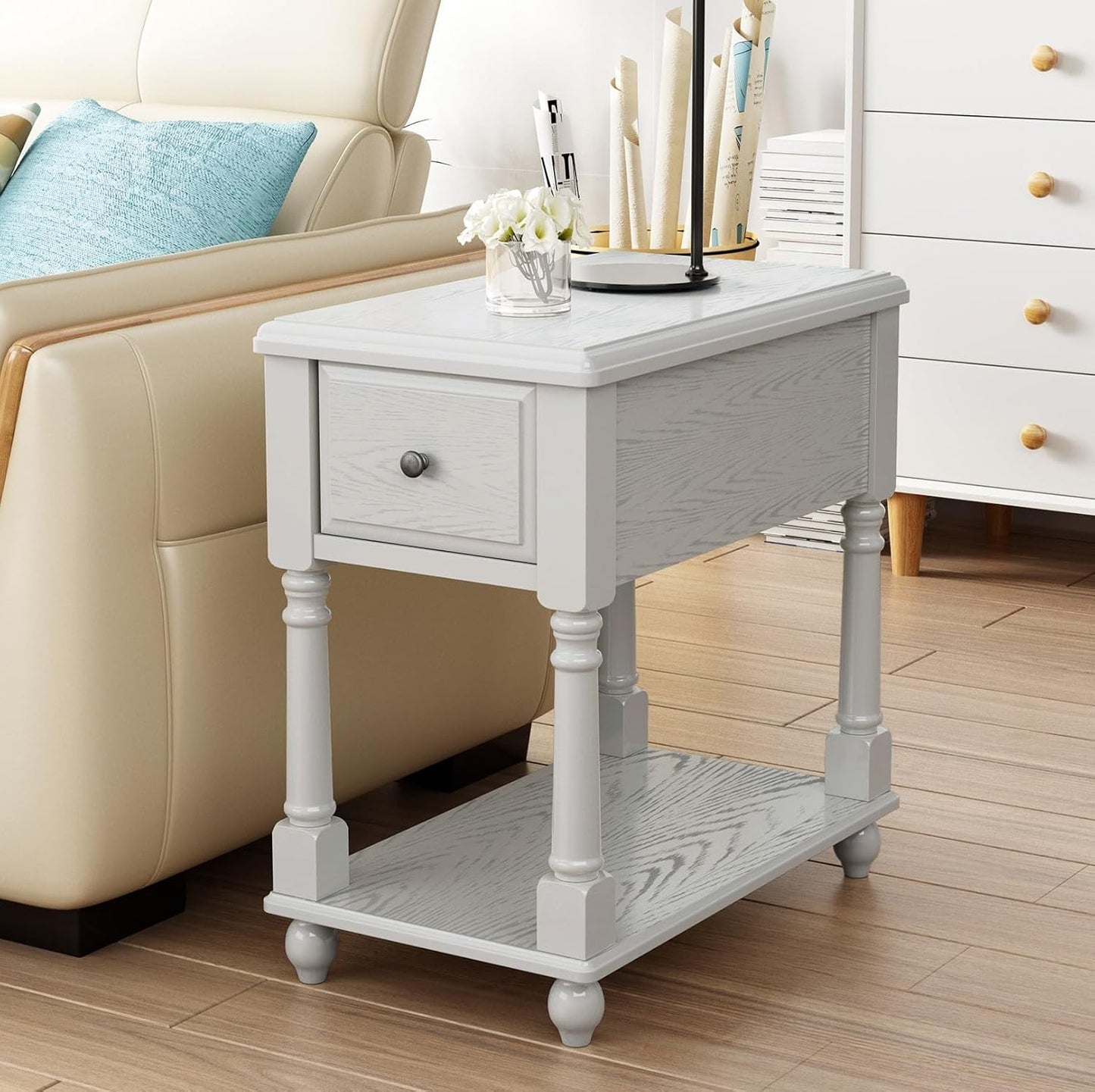 Narrow End Table with Drawer and Open Storage Shelf, Solid Wood Sofa Side Table for Living Room, Beside Table,Telephone Table for Small Spaces,No-Tools Assembly Vintage White BBJ004RW