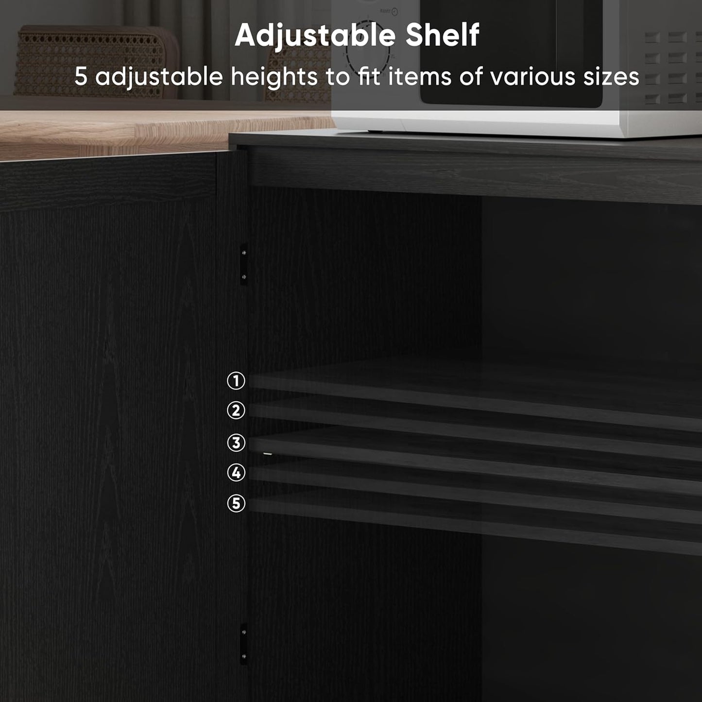 Smuxee Black Sideboard, Freestanding Buffet Cabinet with 2 PVC Rattan Doors, Storage Cabinet with Adjustable Shelf for Living Room, Entryway, Hallway