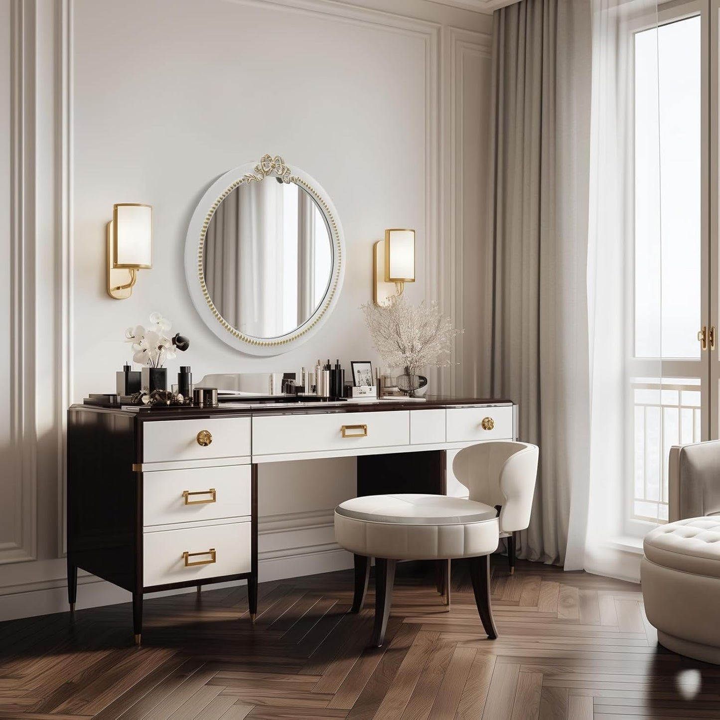 Vintage Round Wall Mirror 28inch Farmhouse Wooden Vanity Mirror for Wall Decor, Decorative Antique White Bathroom Mirrors, Traditional Art Home Decor for Dressing Table, Living Room or Bedroom