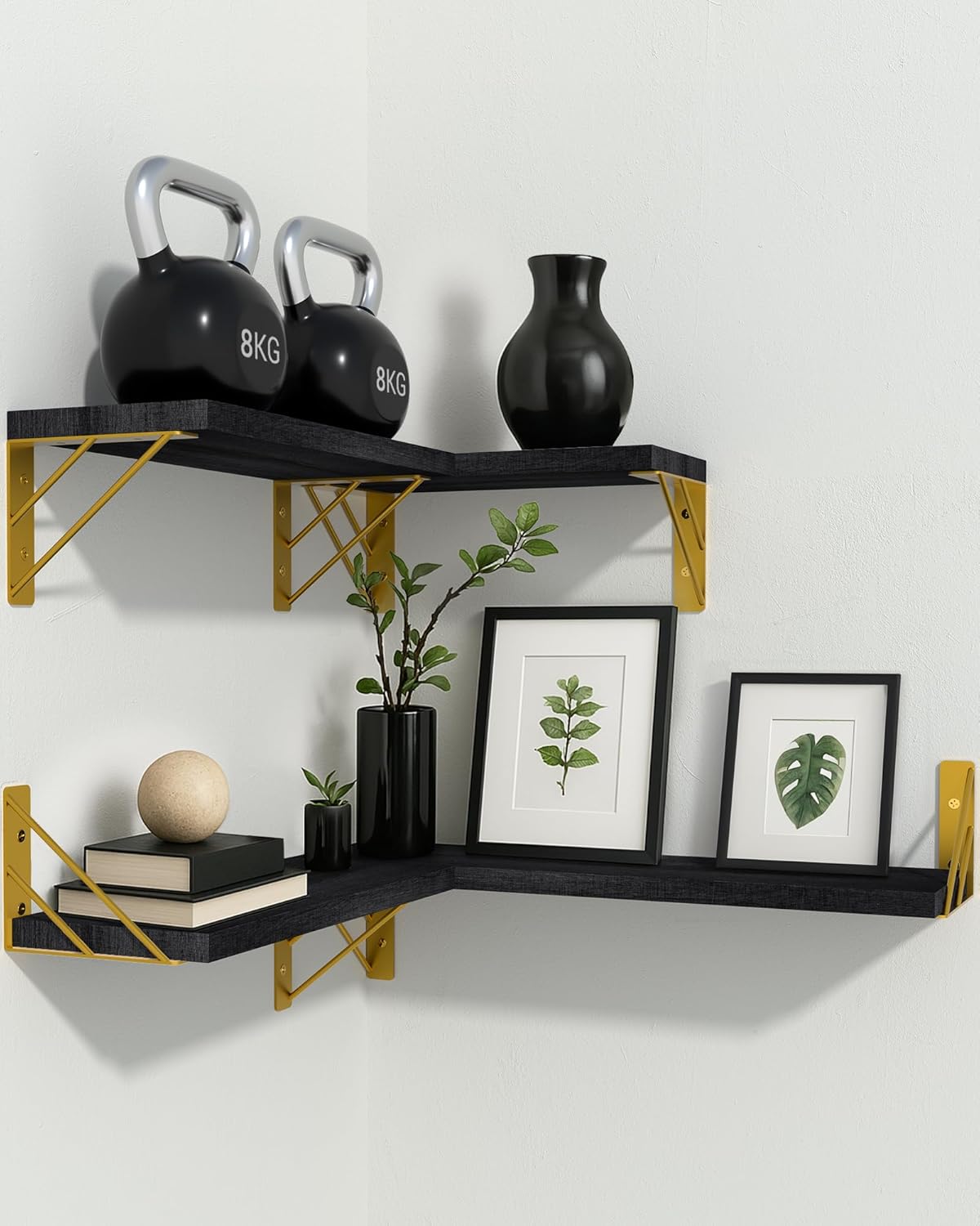 BAYKA Floating Shelves for Bedroom Decor, Wall Shelves for Storage, Wall Mounted Rustic Wood Floating Shelf for Books,Corner Shelf for Bathroom,Kitchen,Living Room(Black and Gold，Set of 4)