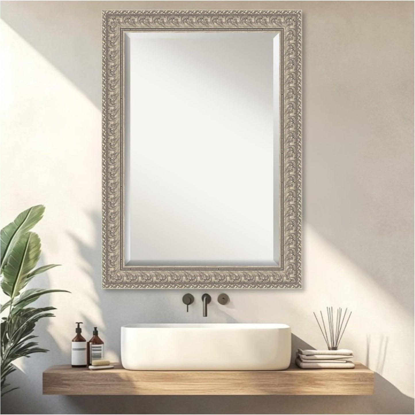 Amanti Art Silver Bathroom Mirror for Over Sink, 31x43 Sydney Silver Rectangle Vanity Mirror, Large Traditional Frame, Hangs Horizonally and Vertically, Bathroom Wall Decor, Beveled Edge
